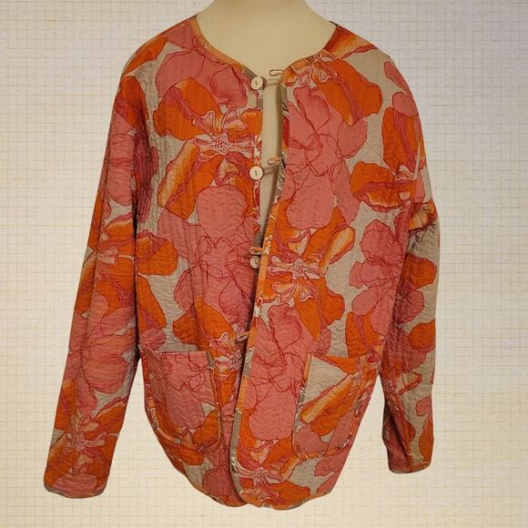 Daisy Print Quilted Cotton Reversible Jacket Topper Orange / Pink Womens Size XL - Picture 3 of 10